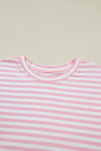 Rose Stripe Drop Shoulder Round Neck Top and Buttoned Straight Pants Two Piece Set