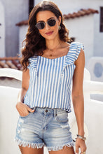 Blue Striped Tie Back Ruffle Trim Sleeveless Shirt