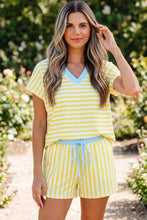 Red Stripe Colorblock Trim V Neck Tee Drawstring Elastic Waist Short Set