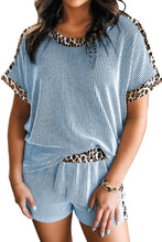 Sky Blue Leopard Trim Twist Ribbed Short Set