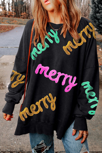 Black Sequins Merry Graphic Christmas Sweatshirt