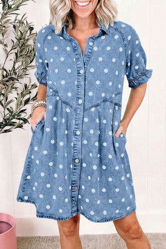 Sky Blue Polka Dot Print Ruffled Short Puff Sleeve Button Down Loose Denim Dress