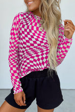 Black Checkered Pattern Mesh Long Sleeve Top