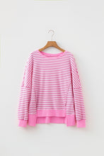 Khaki Stripe Textured Knit Color Block Trim Split Hem Long Sleeve Top