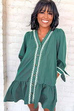 Canton Contrast Ricrac Trim Button V Neck Knotted Bracelet Sleeve Dress