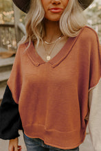 Desert Gold Colorblock Raw Edge Bubble Sleeve V Neck Sweater