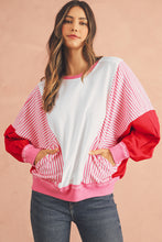 Rose Red Striped Patchwork Side Pocket Loose Sweatshirt