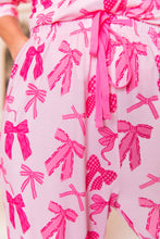 Pink Bow Knot Print Lapel Collar Short Sleeve and Pants Pajamas Set