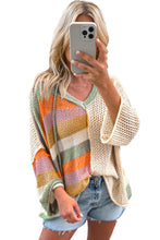Pink Oversized Colorblock V Neck Hooded Sweater