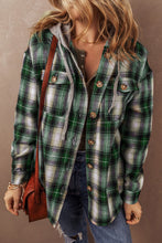 Red Plaid Print Chest Pocket Button Hooded Shacket