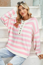 Pink Striped Drop Sleeve Henley Sweater