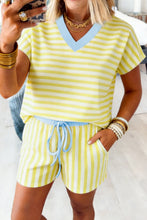 Red Stripe Colorblock Trim V Neck Tee Drawstring Elastic Waist Short Set