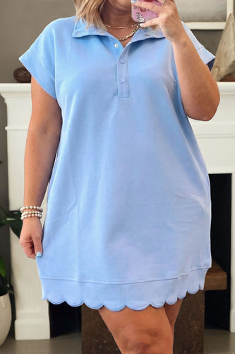 Beau Blue Plus Size Solid Scalloped Hem Button Neck Pullover Mini Dress