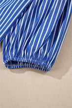 Blue Stripe Bow Tie Front Puff Short Sleeve Blouse