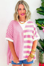 Pink Stripe Waffle Patchwork Short Sleeve High Low Loose T Shirt