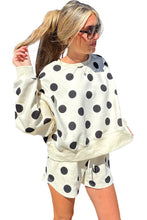 Pink Polka Dot Print Drop Shoulder Pullover Drawstring Shorts Set