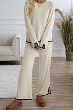 Apricot Contrast Trim Split Cuffs Round Neck Top and Pants Set