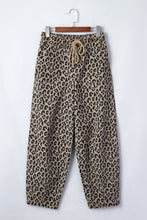 Khaki Leopard Print Drawstring Elastic Waist Loose Denim Pants with Pockets
