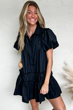 Black Button Down Puff Sleeve Ruched Ruffle Hem Dress