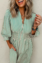 Green Striped V Neck Zip Front Cinched High Waist Midi Dress