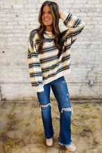 Khaki Striped Crew Neck Drop Shoulder Pullover Sweatshirt