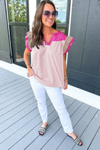Mist Blue Colorblock Ruffled Sleeve Frill V Neck Blouse