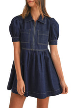 Dirty Blue Puff Sleeve Half Zipper Denim Flowy Dress