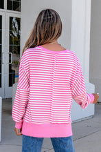 Khaki Stripe Textured Knit Color Block Trim Split Hem Long Sleeve Top