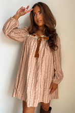 Khaki Velvet Bow Front Floral Print Long Sleeve Short Dress