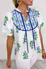 Beige Floral Print Piping Trim Tie Neck Puff Sleeve Blouse