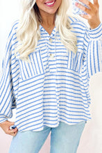 Sky Blue Striped Half Button Collared Chest Pockets Loose Fit Top