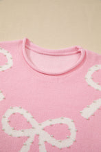 Pink Bow Pattern Pearl Embellished Raw Hem Sweater