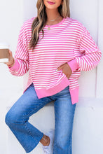 Khaki Stripe Textured Knit Color Block Trim Split Hem Long Sleeve Top