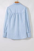 Sky Blue Striped Smocked Long Sleeve Quarter Button Shirt