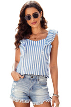 Blue Striped Tie Back Ruffle Trim Sleeveless Shirt