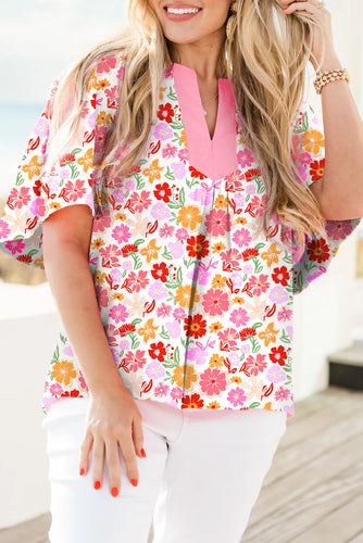 White Floral Print Split V Neck Flounce Sleeve Plus Size Blouse
