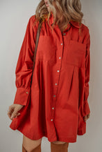 Tomato Red Bishop Sleeve Button-Up Pleated Mini Shirt Dress