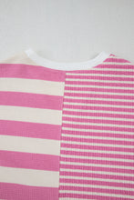 Pink Stripe Waffle Patchwork Short Sleeve High Low Loose T Shirt