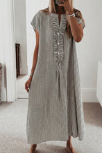 Black Stripe Frilled Detail Half Buttons Short Sleeve Long Dress