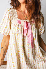 Multicolour Floral Print Contrast Ribbon Bow Lace Trim Square Neck Mini Dress
