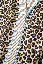 Khaki Plus Size Leopard Print Striped Trim V Neck Drop Waist Long Sleeve Mini Dress