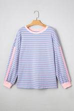 Sky Blue Stripe Oversized Contrast Trim Drop Shoulder Casual Top