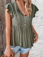 Buttoned Tie Neck Flutter Sleeve Babydoll Top