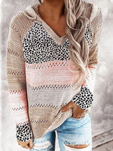 Full Size Openwork Leopard Drawstring Hooded Sweater