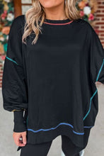 Slit Round Neck Lantern Sleeve Sweatshirt