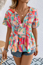 Printed Tie Neck Short Sleeve Blouse